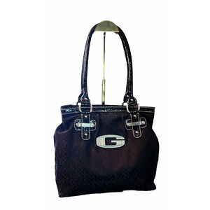 Guess signature black fabric faux leather trim Silver-tone purse Bag handbag